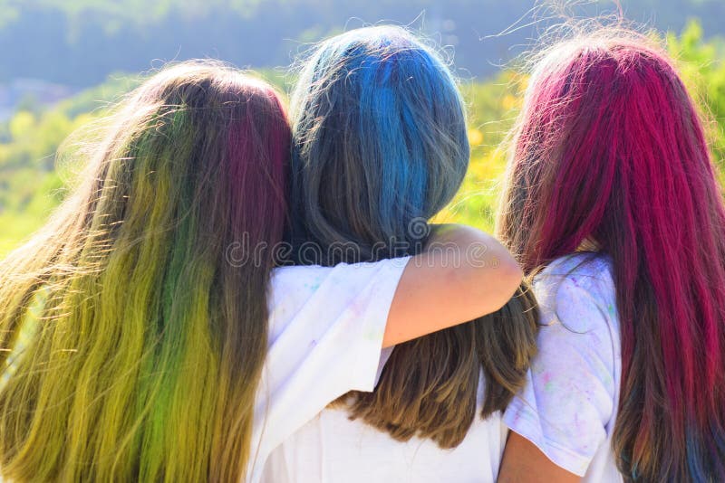 Color Hair. Tree Best Girfriends with Colorful Hair Enjoing in the Moment. Colorful Holi on Painted Hair Stock Image - Image of laughing, madman: 134125101 Color Hair. Tree Best Girfriends with Colorful Hair Enjoing in the Moment. Colorful Holi on Painted Hair Stock Image - Image of laughing, madman: 134125101