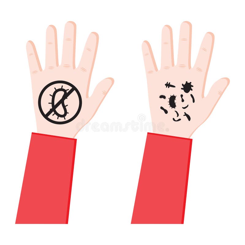 Color hand with bacteria and virus. Infection spread. Germs on a dirty hand. Non bacteria concept. Protecting from coronavirus. No royalty free illustration