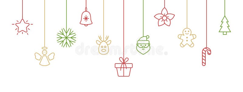Color hanging baubles with snowflake, candy cane, santa, christmas tree, reindeer, angel, gift box. Christmas long