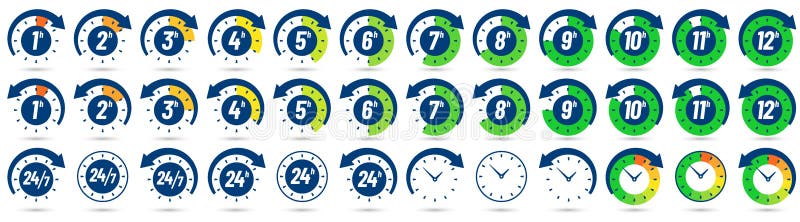 Color hours icon. Timer from 1 to 12 hours, time ago and next label dial with arrow. Clock, 24 7 and 24h available