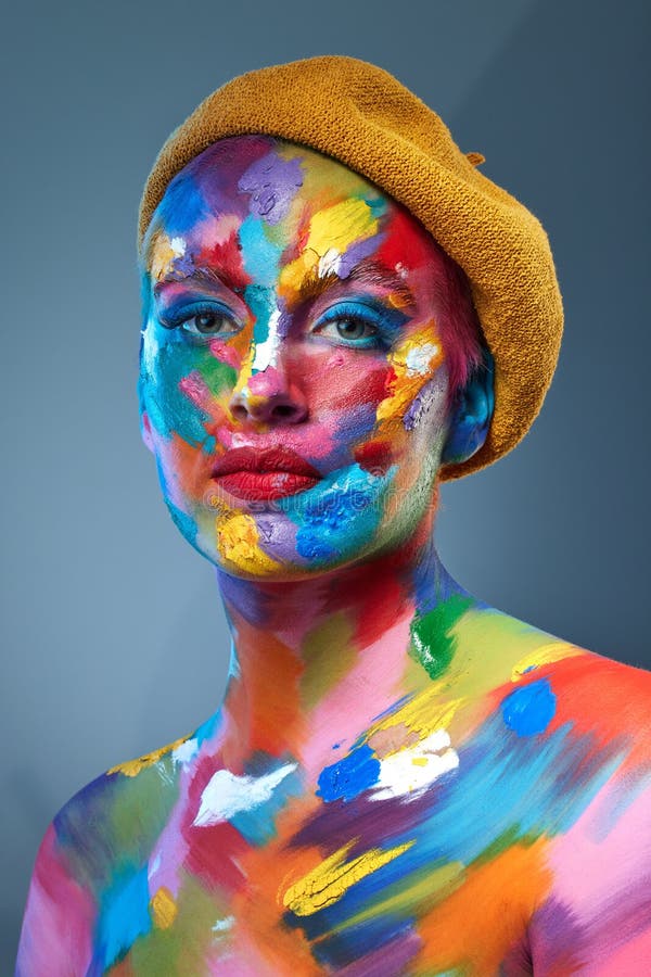Culoare și eu sunt unul. O poză cu o tânără care se dă cu vopsea multicoloră pe față și o pălărie franțuzească pe ea royalty free stock photos
