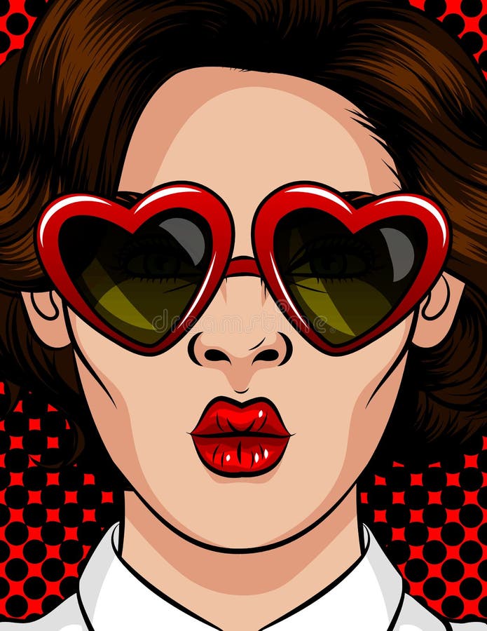 Color illustration in pop art style. The girl in sunglasses in the shape of a heart. The girl sends a kiss. Beautiful girl