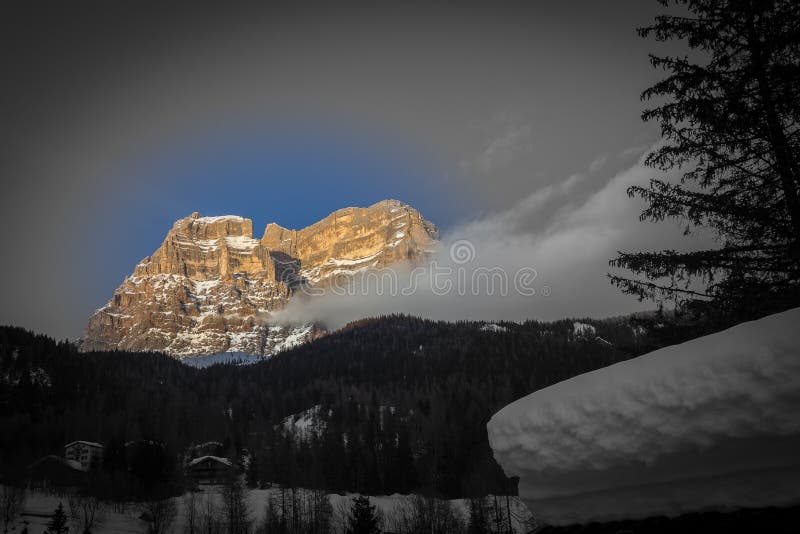 Color isolation effect of winter panorama of Mount Pelmo at sunset