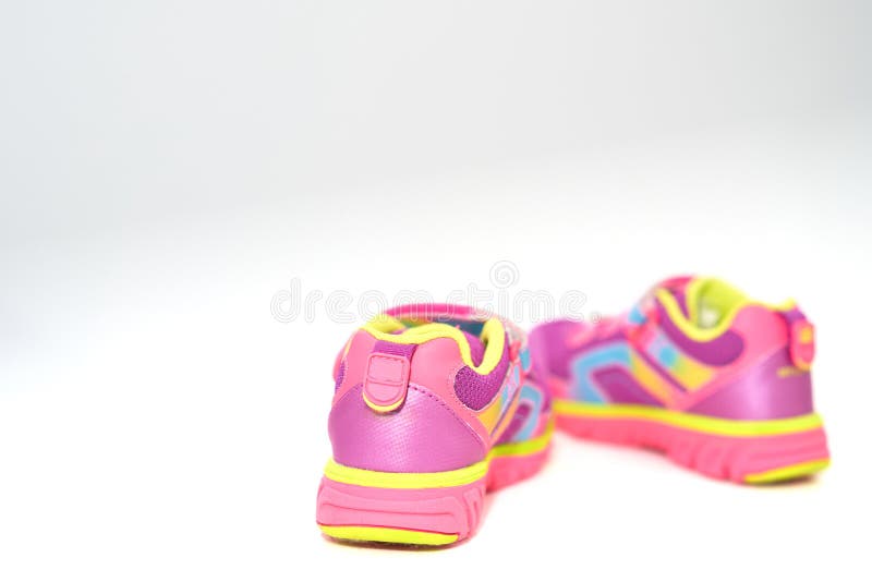 Color Kid Sneakers Shoes on Floor Back View Soft Focus Stock Image ...