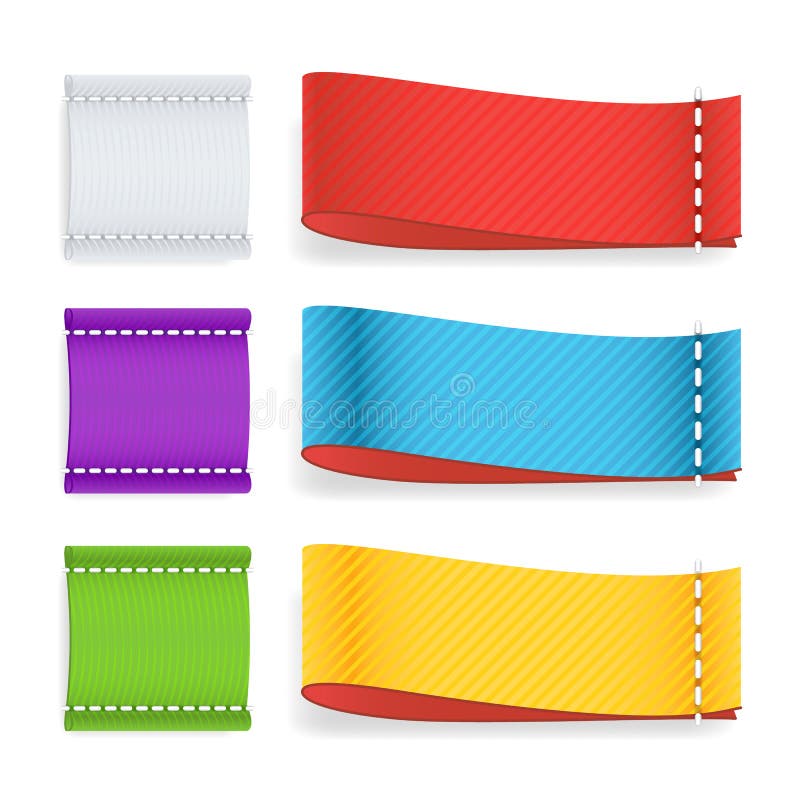 Color Label Fabric Blank Vector. Realistic Set Bright Blank Fabric