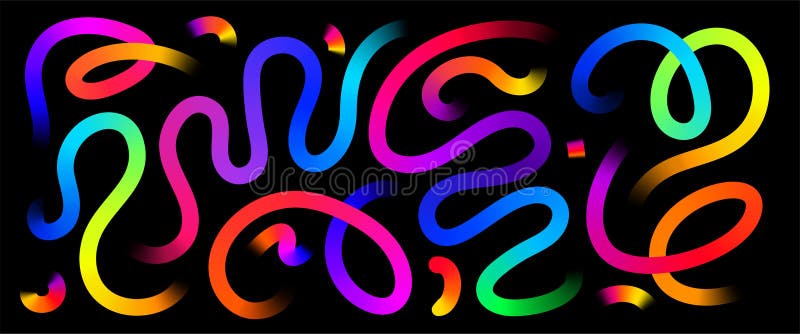 Color lines vector background set. Abstract colorful liquid gradient lines on black backdrop. Modern art pattern, energy vector illustration