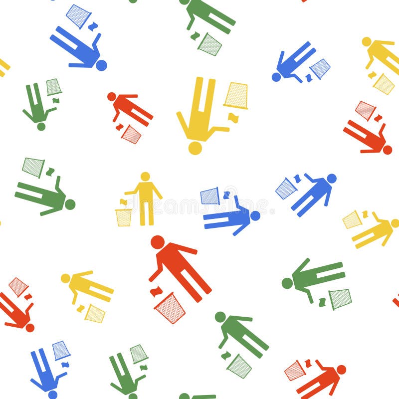 Color Man throwing trash into dust bin icon isolated seamless pattern on white background. Recycle symbol. Trash can stock illustration