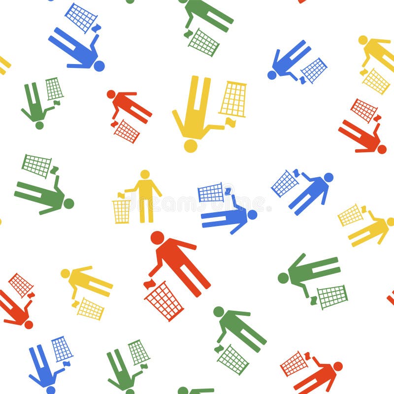 Color Man throwing trash into dust bin icon isolated seamless pattern on white background. Recycle symbol. Vector stock illustration