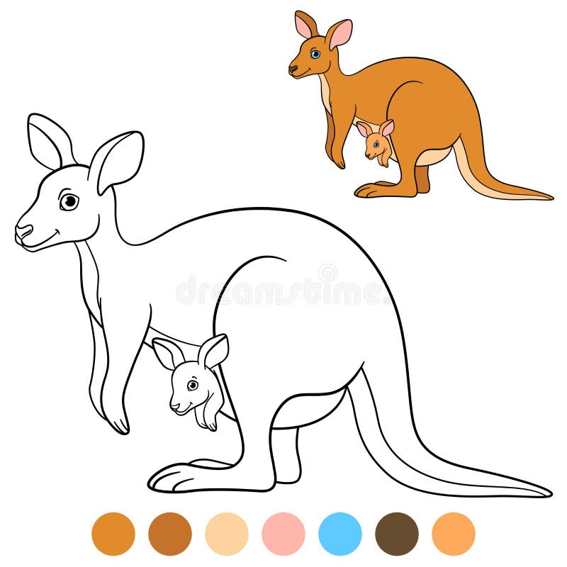 Color me: kangaroo. Mother kangaroo with her little cute baby.