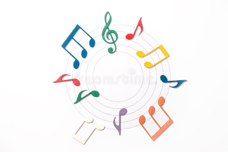 Color Wooden Musical Notes With Shadows Over Music Sheet In Circle. Colorful musical notes stock images, royalty-free photos and pictures