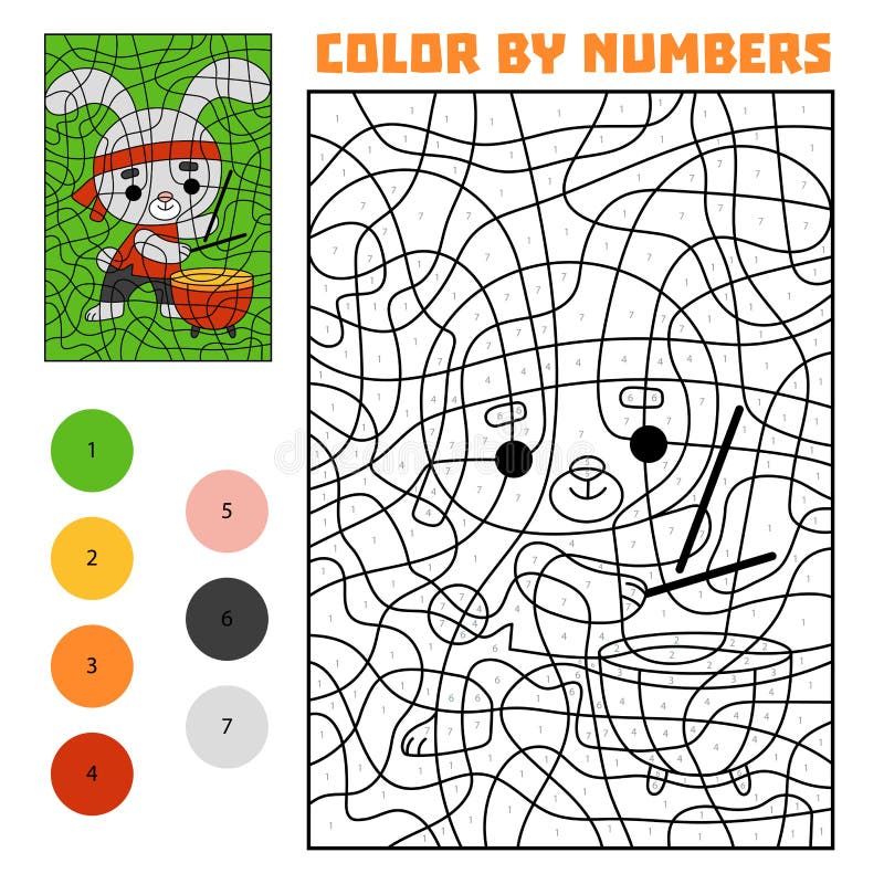 Color by number, education game for kids, Chinese new year character rabbit and drum stock illustration