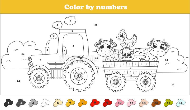 Color by Numbers Page with Tractor and Farm Animals - Cows, Pig and Hen,  Printable Worksheet for Kids Stock Vector - Illustration of children,  character: 237158696