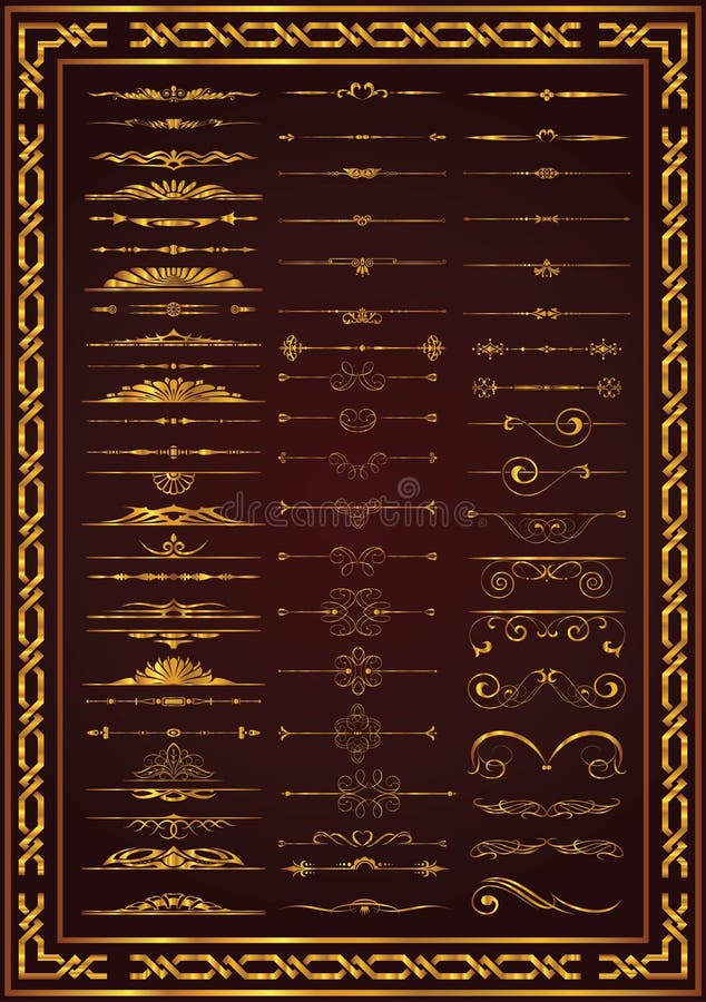 Color oro caligráfico de los elementos de la decoración del sistema agradable stock de ilustración Color oro caligráfico de los elementos de la decoración del sistema agradable stock de ilustración