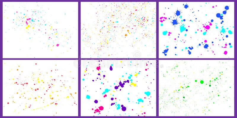 Color paint splatter background. Paint bright splashes and drops. Decorative abstract brush inkblots set. Stains and splashes on white. Colorful dirty watercolor splats vector illustration