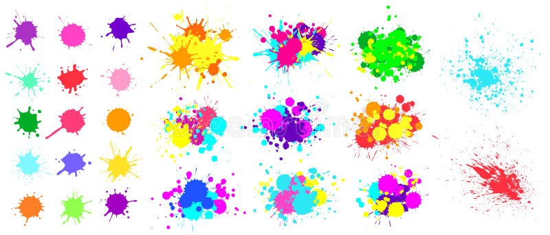 Color paint splatter. Spray paint blot element. Colorful ink stains mess. Watercolor spots in raw, splashes. Color paint splatter. Spray paint blot element