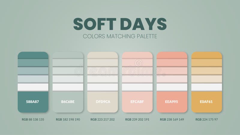 Soft days color palette or color schemes are trends combinations and palette guides. Example of table color shades in RGB royalty free illustration