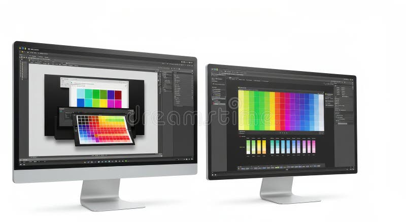 Color Palette Software Interface Two computer screens display a color palette software interface showcasing vibrant color stock illustration