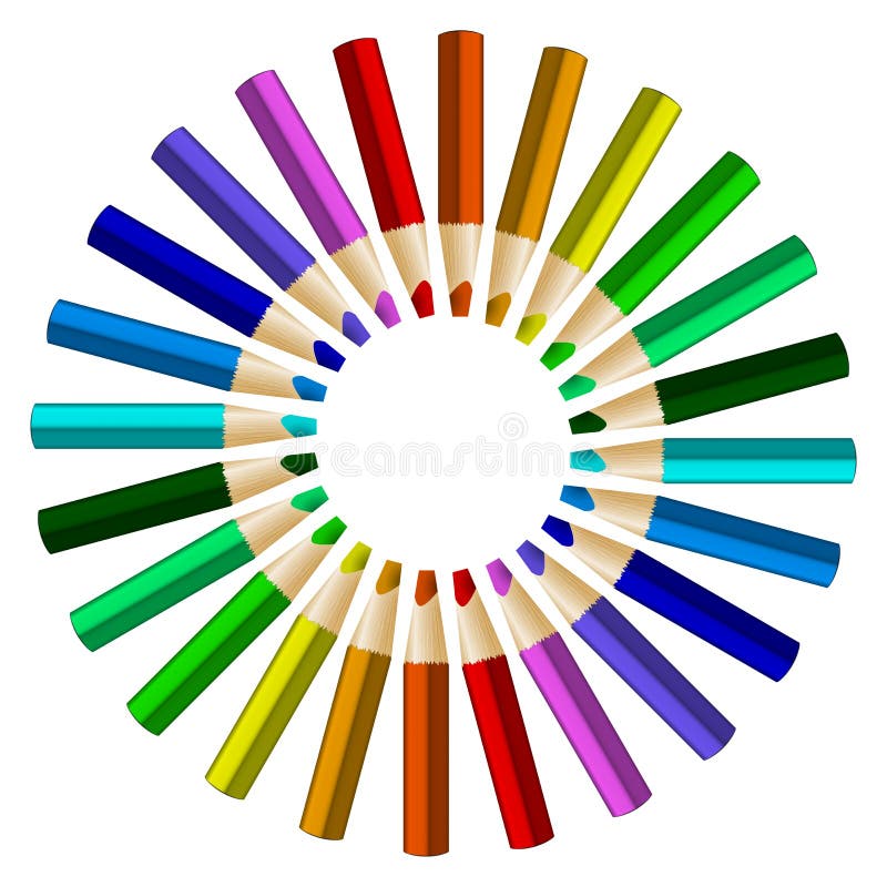 Color pencils in arrange in color wheel colors on white background