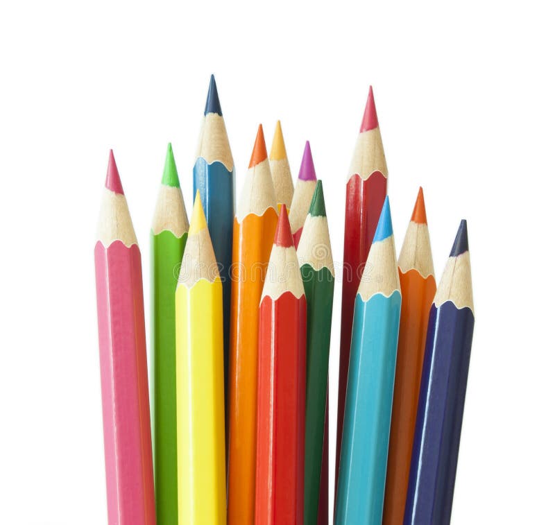 Colored pencils, including red,blue,yellow,green,orange and pink, isolated on a white background. Colored pencils, including red,blue,yellow,green,orange and pink, isolated on a white background.