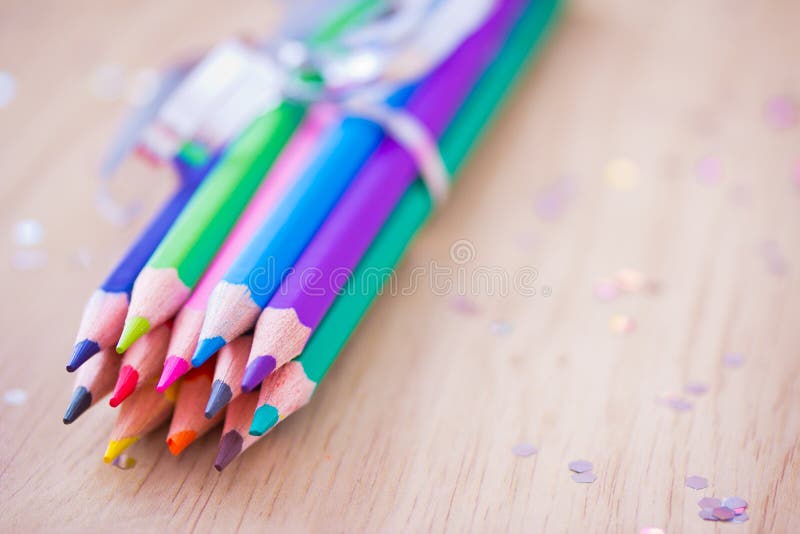 Color Pencils with Ribbon and Confetti Bokeh Stock Photo Image of