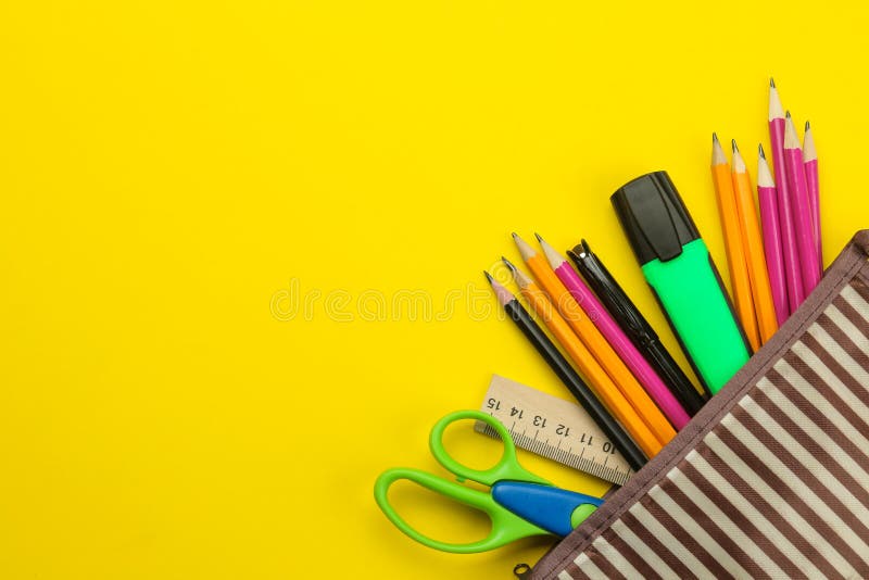 Color Pencils in a School Pencil Case on a Bright Paper Yellow Background.  Office Tools. Education Stock Photo - Image of object, blue: 154497072