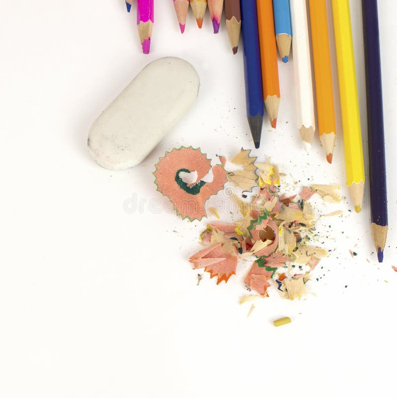 Color pencils, shavings and eraser royalty free stock photos Color pencils, shavings and eraser royalty free stock photos