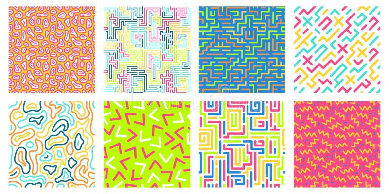 Color seamless geometric pattern. Colorful maze pattern, memphis style texture and 80s fashion design patterns vector vector illustration
