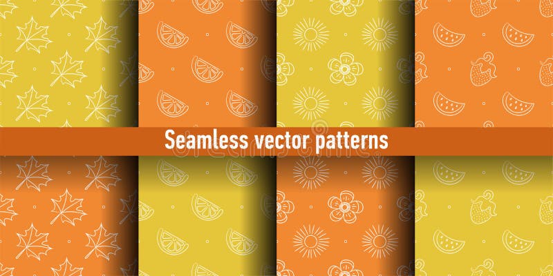 Color seamless pattern. Leaf, orange, mandarin, sun, flower, watermelon, strawberry. Vector background. Summer and spring print stock illustration Color seamless pattern. Leaf, orange, mandarin, sun, flower, watermelon, strawberry. Vector background. Summer and spring print stock illustration