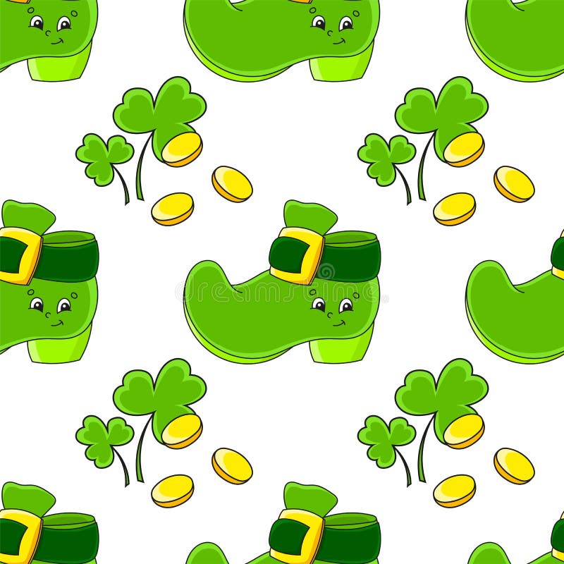 Color seamless pattern. Leprechaun boot. St. Patrick `s Day. Cartoon style. Hand drawn. Vector illustration isolated on white stock illustration Color seamless pattern. Leprechaun boot. St. Patrick `s Day. Cartoon style. Hand drawn. Vector illustration isolated on white stock illustration