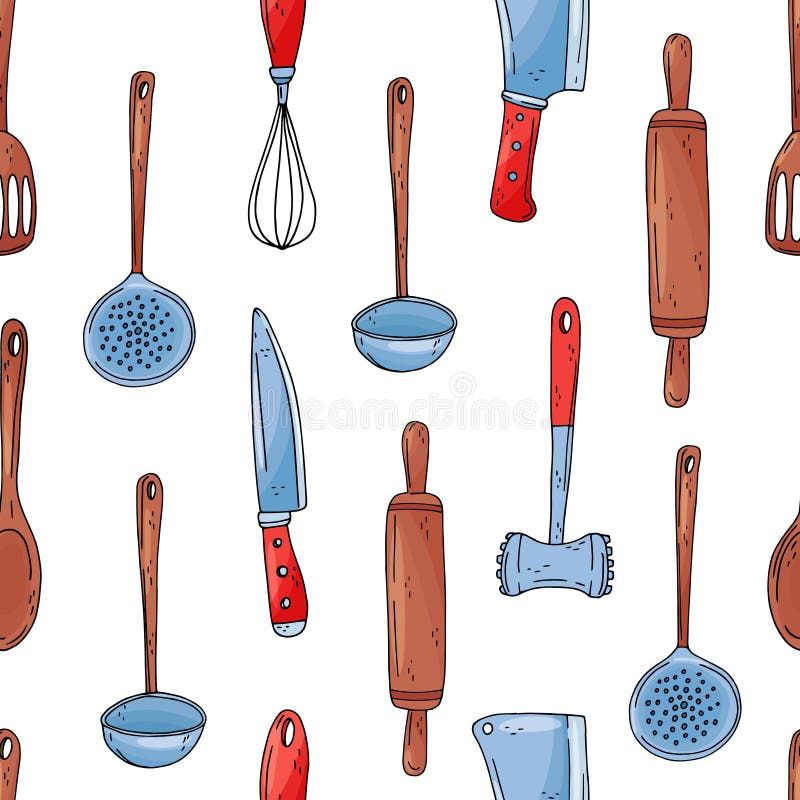 Color seamless vector pattern of elements with hand drawn kitchen tools on a white background vector illustration