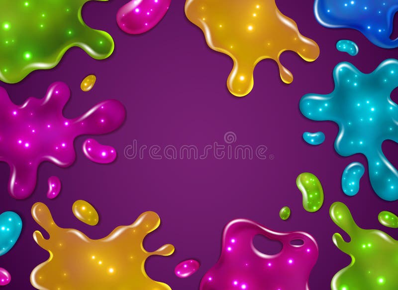 Color slime background. Glossy sticky yellow, purple, green and blue slime blots splashes with glitter. Girly dripping toys vector abstract liquid border