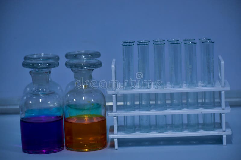 Color Solution in Reagent Bottle, Chemistry Laboratory Stock Image