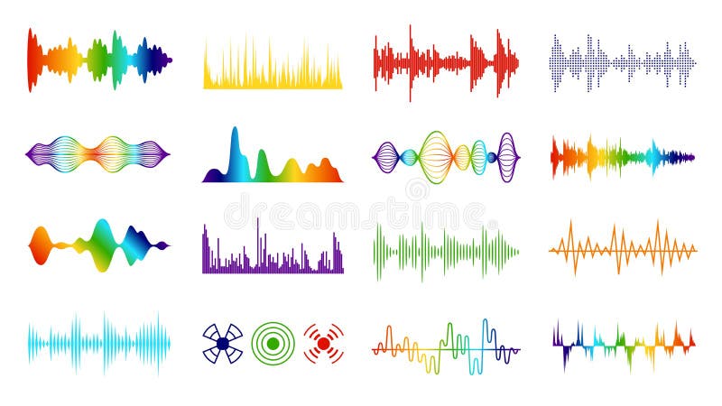 Color sound waves. Audio digital melody wave tracking meter on white background in equalizer symbol vector set royalty free illustration
