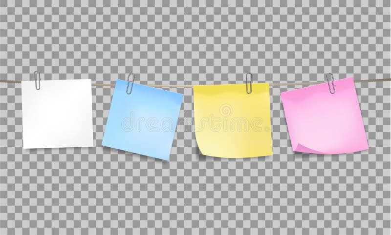 Color sticky notes attached metal paper clips on tape on transparent background. Template for design. Vector illustration