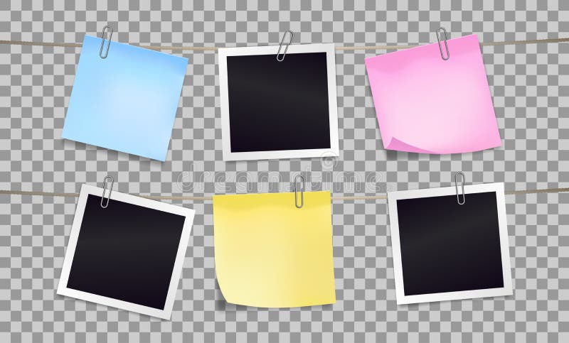 Color sticky notes and photo frames attached metal paper clips on tapes. Template for design. Vector illustration