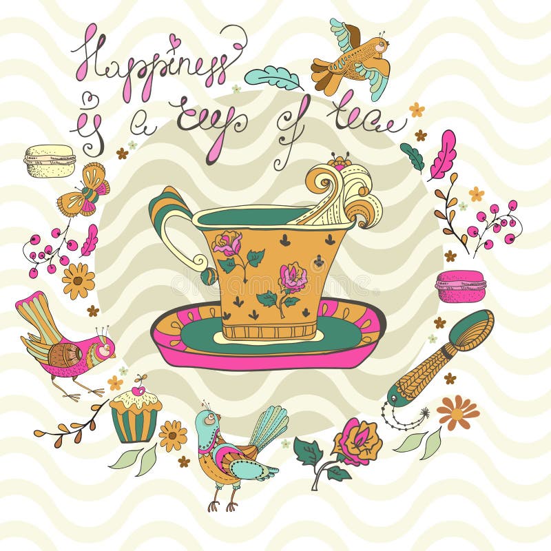 Color tea time illustration with flowers and birds, beautiful background for your design. Color tea time illustration with flowers and birds, beautiful background for your design