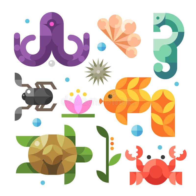Color vector flat icons marine life from the sea. Tropical animal icons vectors