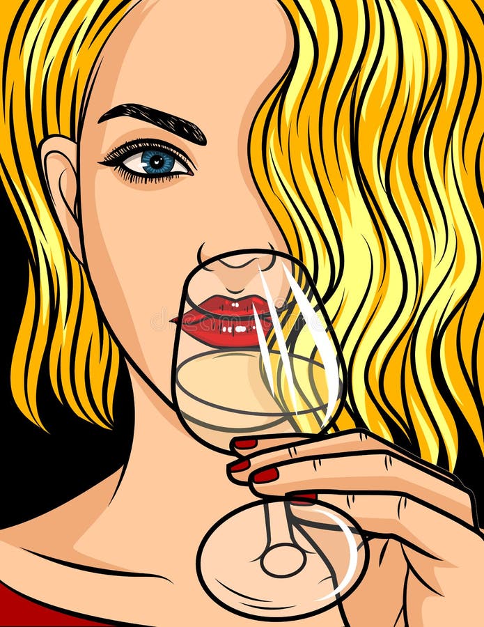 Color vector pop art comic style illustration. Blonde girl with red lipstick and wavy hair. Beautiful young woman is drinking an a