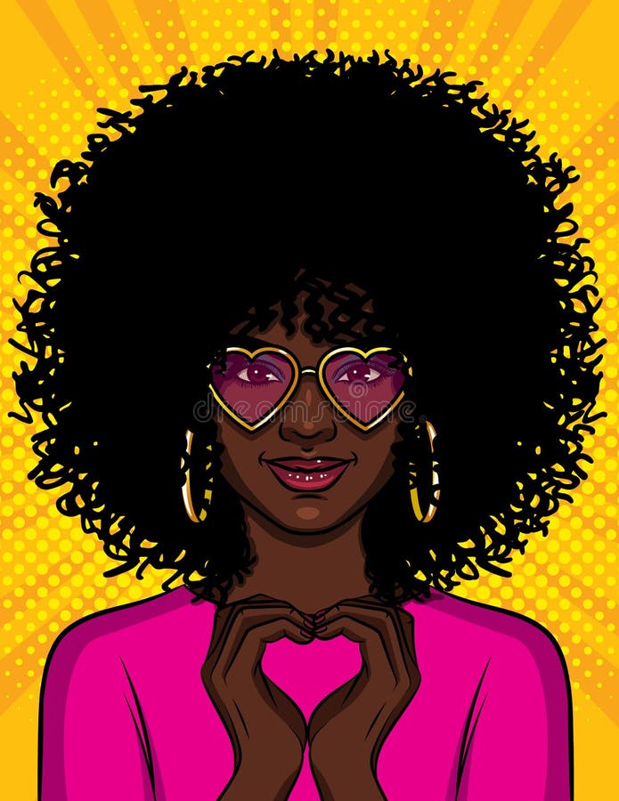 Color vector pop art style illustration of a beautiful african american girl showing with her hands a heart shape. A young woman w