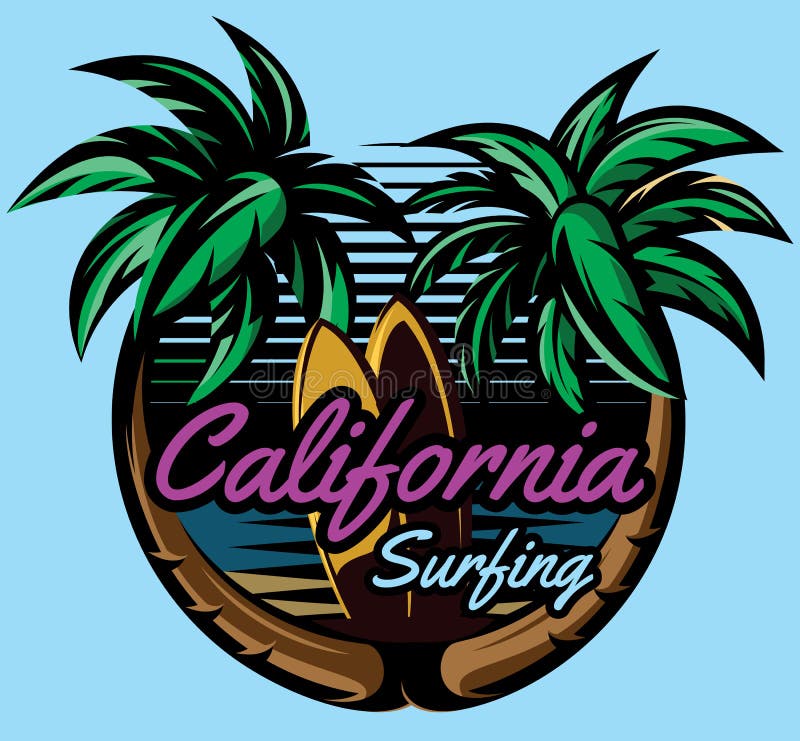 Color vector template with palm trees on the ocean coast and surf boards