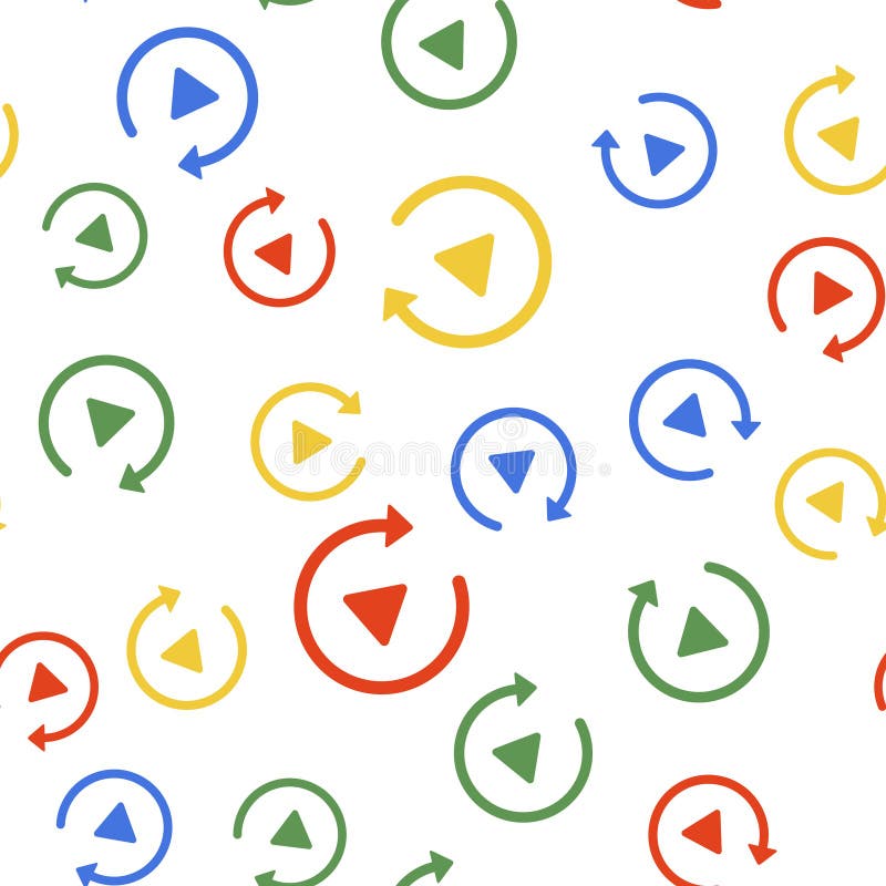 Color Video play button like simple replay icon isolated seamless pattern on white background. Vector stock illustration