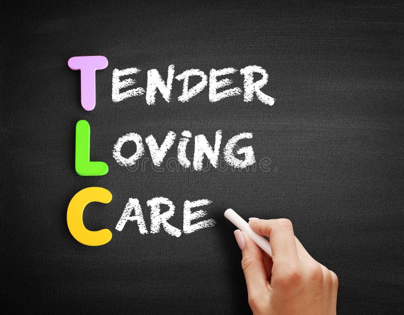 Color Wooden alphabets building the word TLC - Tender Loving Care acronym on blackboard