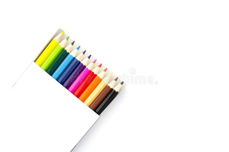 Colora lápis em uma caixa no fundo branco imagens de stock Colora lápis em uma caixa no fundo branco imagens de stock