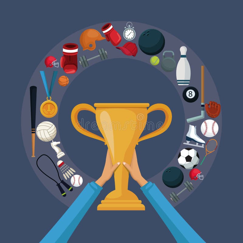 Colora o fundo com as mãos que guardam um copo dourado do troféu com beira circular ao redor com esporte dos elementos dos ícones ilustração do vetor Colora o fundo com as mãos que guardam um copo dourado do troféu com beira circular ao redor com esporte dos elementos dos ícones ilustração do vetor