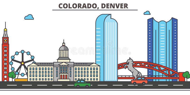 Colorado, Denver.City skyline: architecture buildings, streets silhouette, landscape panorama, landmarks. Editable strokes. Flat design line vector illustration concept. Isolated icons. Colorado, Denver.City skyline: architecture buildings, streets silhouette, landscape panorama, landmarks. Editable strokes. Flat design line vector illustration concept. Isolated icons