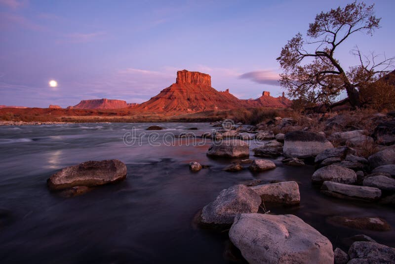 Colorado River with Desert Landscape Glowing in Utah Near Moab Stock