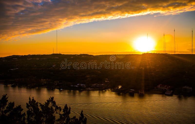Colorado River Sunset golden burnt tranquil Boat ride on Town Lake Austin