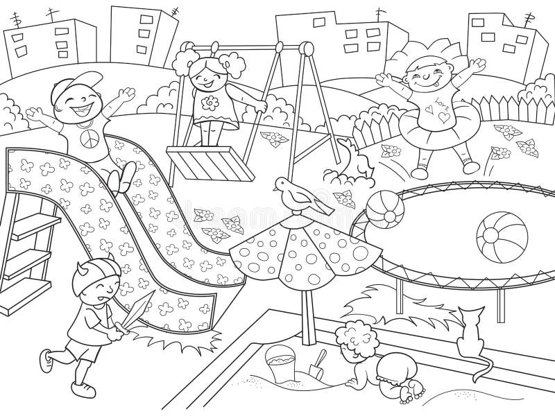 Colorante del patio de los niños Ejemplo del vector de blanco y negro stock de ilustración Colorante del patio de los niños Ejemplo del vector de blanco y negro stock de ilustración