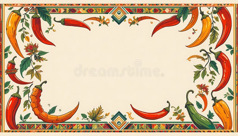 Colorat Chili Pepper Frame cu bordură ornamentală pentru mexican Meniu vector illustration