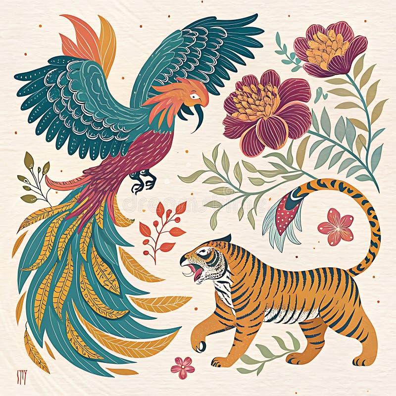 Colorat tradițional asiatic folk art stil cu animale mitice phoenix tiger vector illustration